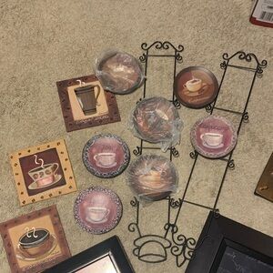 Coffee-Themed Wall Decor Set with Black Metal Racks